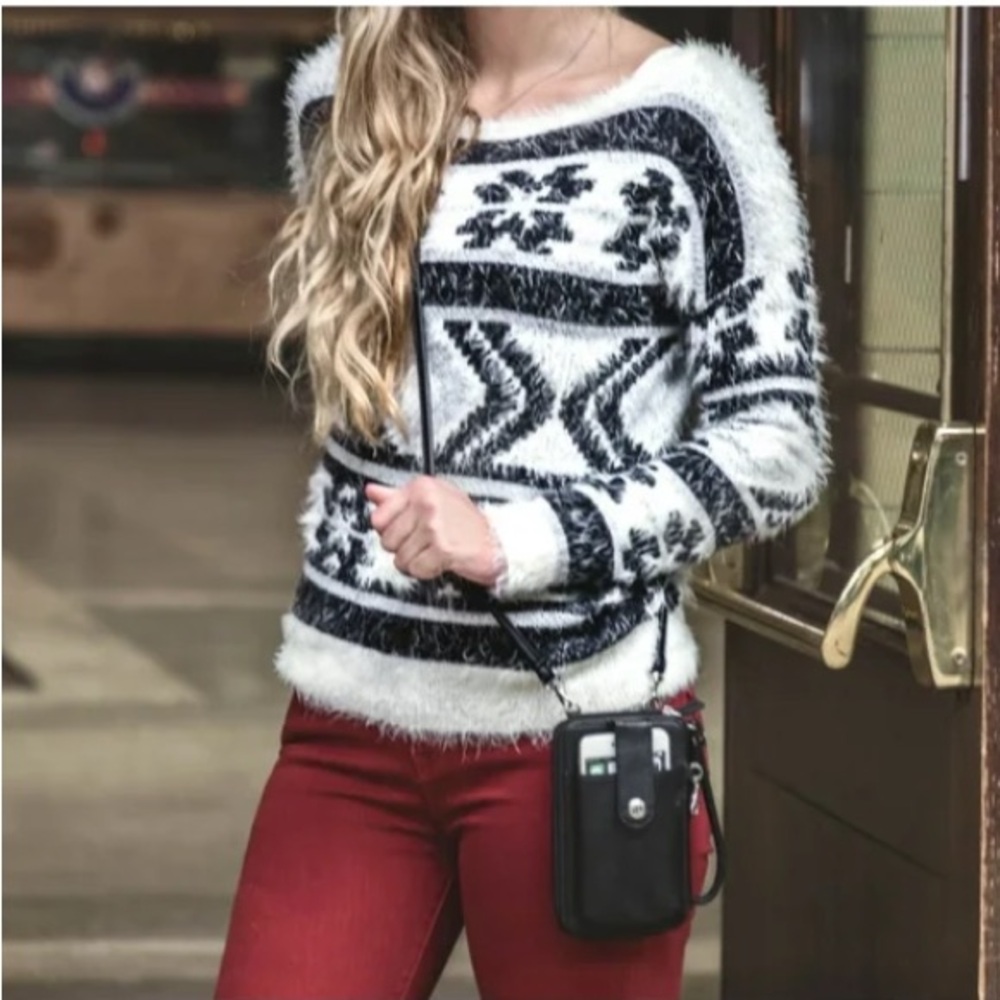 Express Black White Aztec Print Eyelash Fabric Sweater